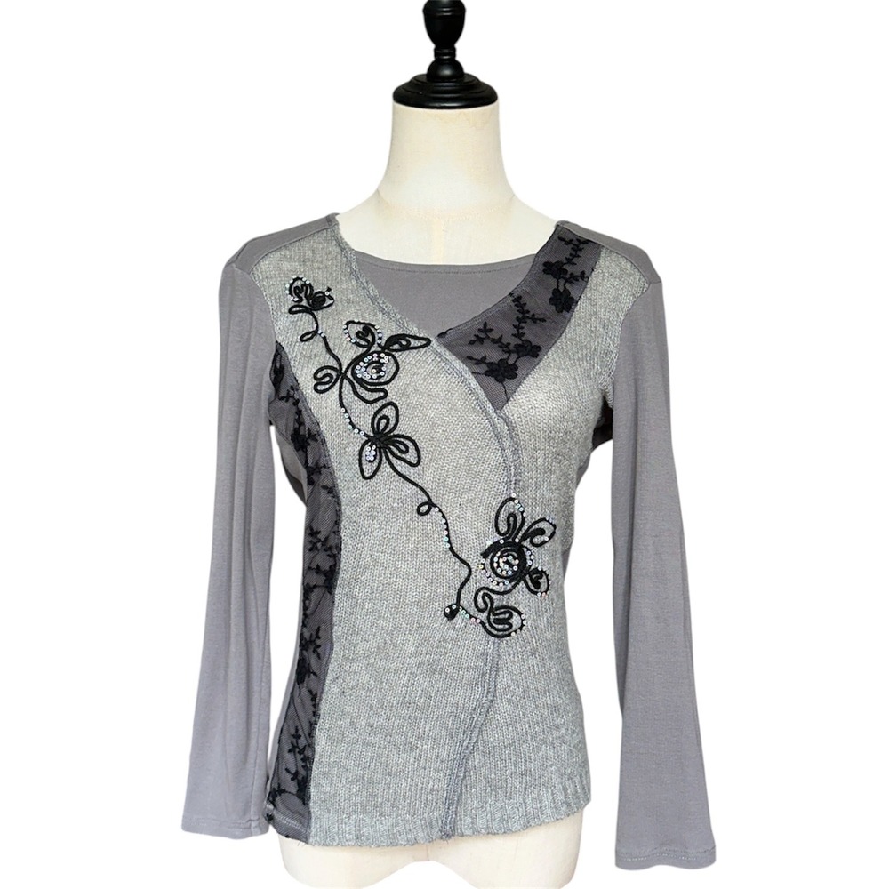 Orly Long Sleeve Top Women S Grey Black Lace Sequin Floral Y2K Mixed Media Knit